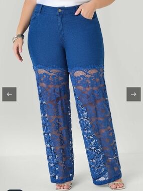 Ashley Stewart Blue Lace Panel Wide Leg Jeans